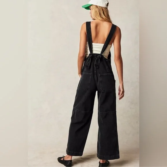 NEW Free People We The Free Fields of Flowers Wide Leg Black Denim Overalls XL - Picture 4 of 15